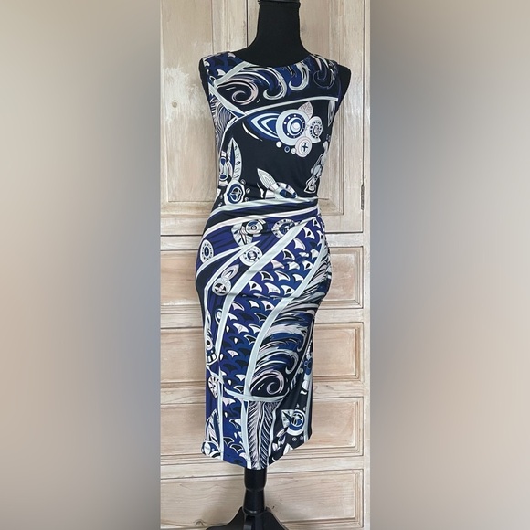 Emilio Pucci Abstract Printed Dress Side Ruched Multi Color Size 40 100% Silk - Picture 1 of 6